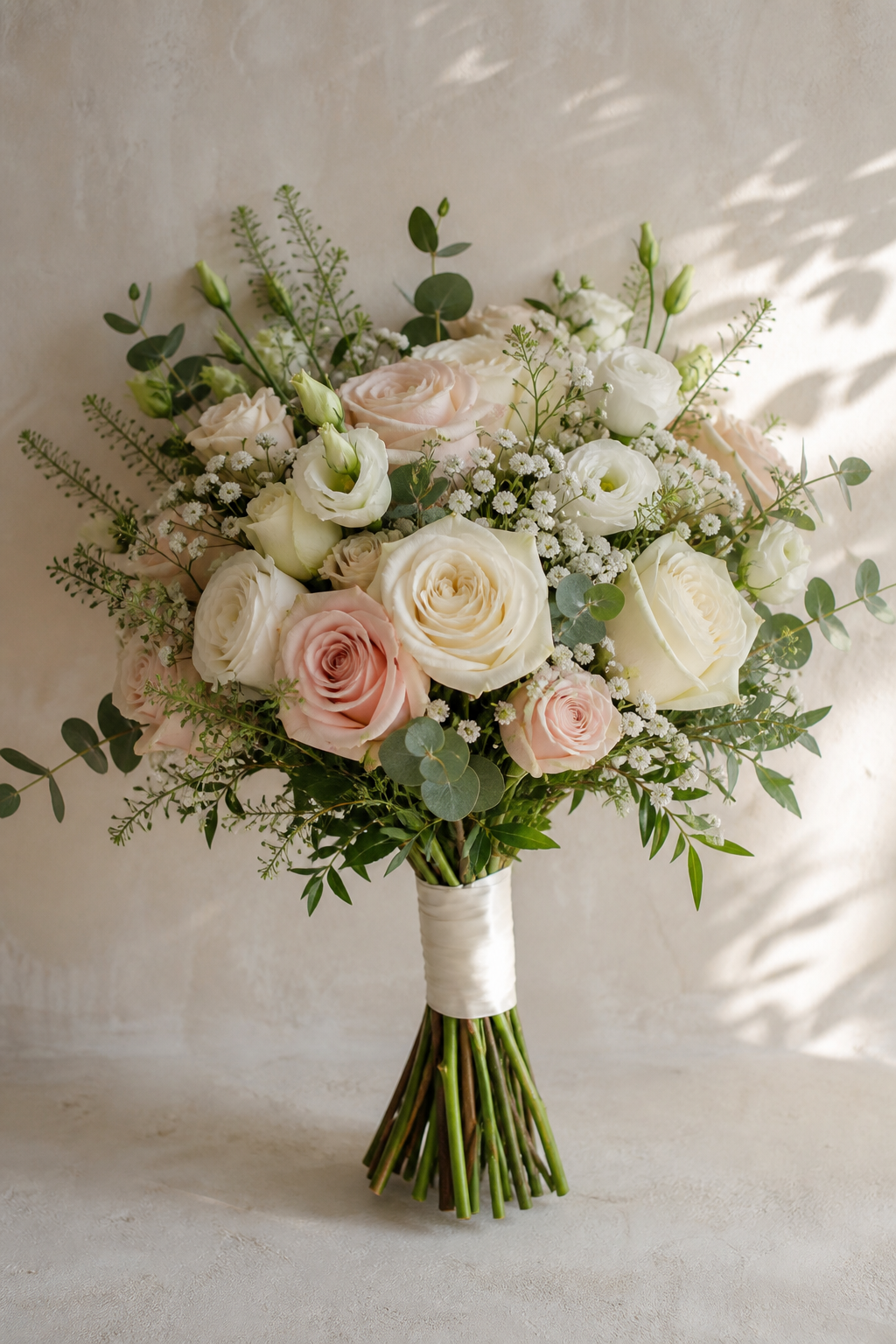 Realistic ivory and blush American wedding bridal bouquet on warm ivory leaf-shadow backdrop