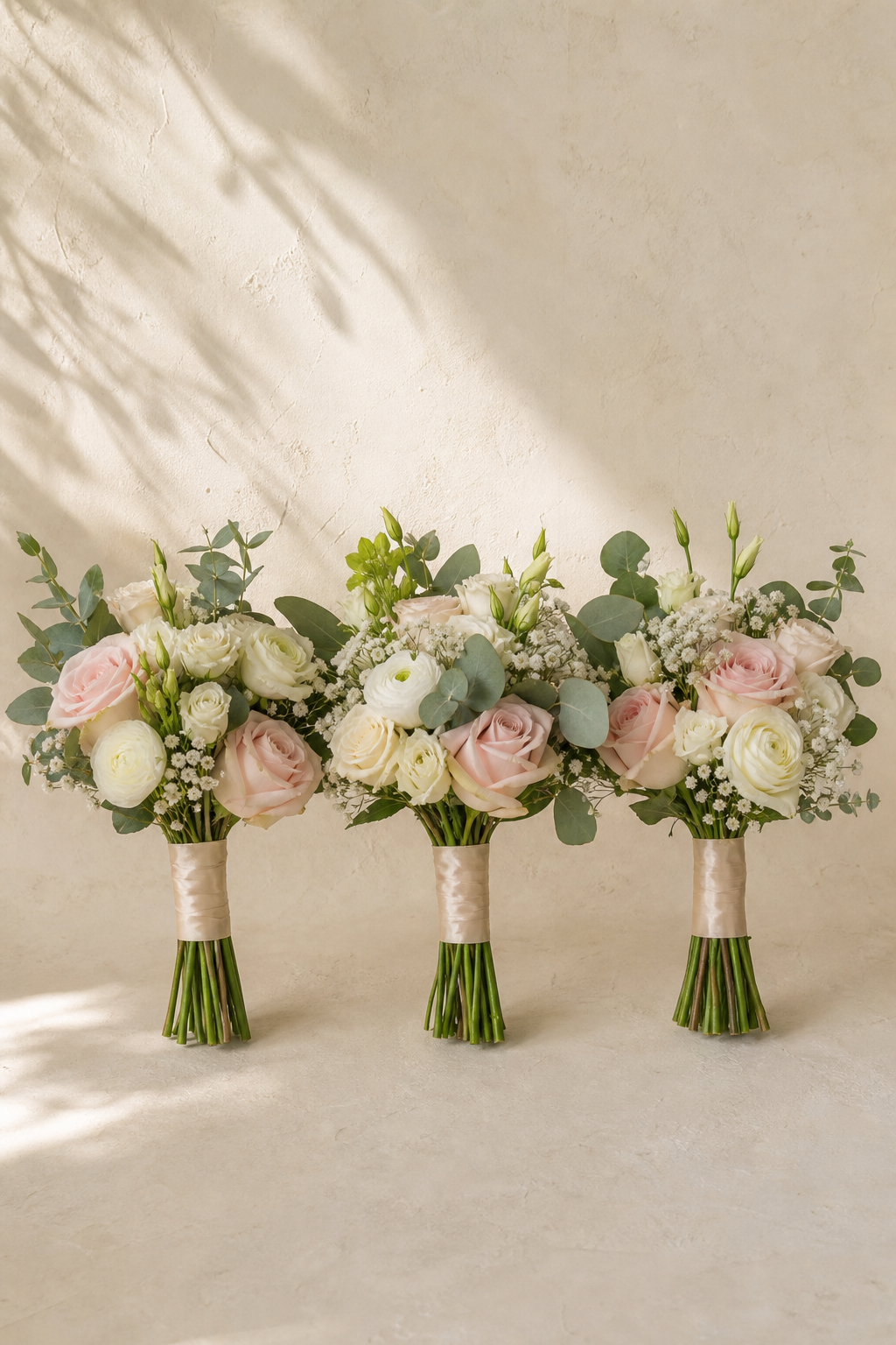 Realistic set of three blush and ivory bridesmaid bouquets with eucalyptus