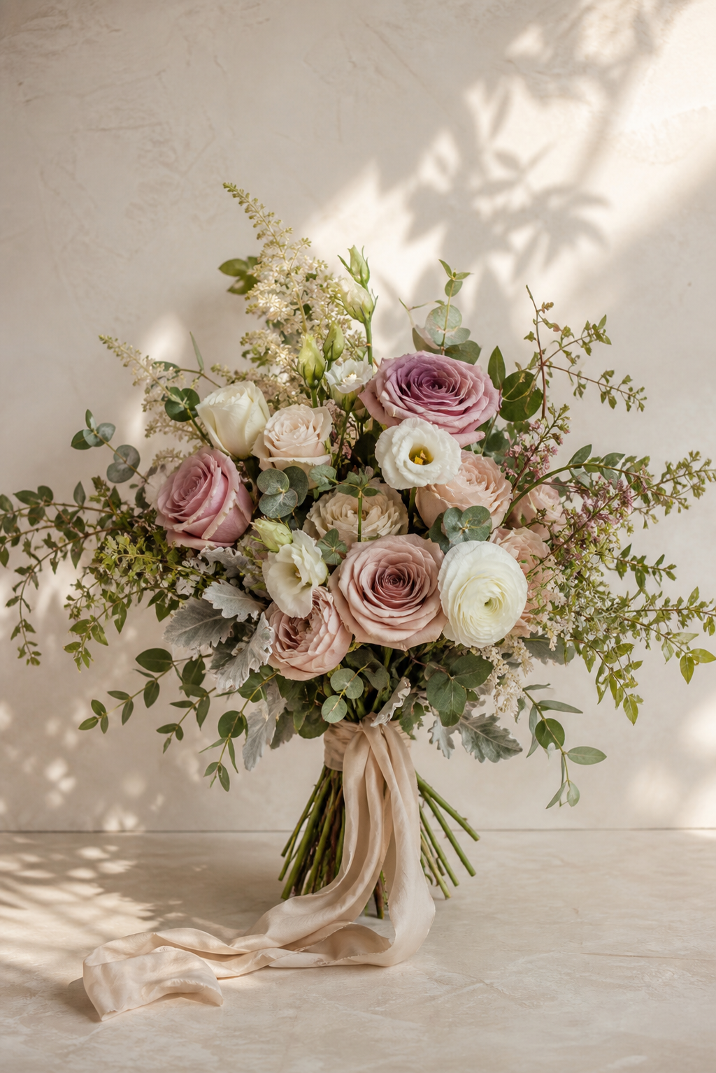 Realistic loose garden style bouquet with mauve blush ivory flowers and greenery