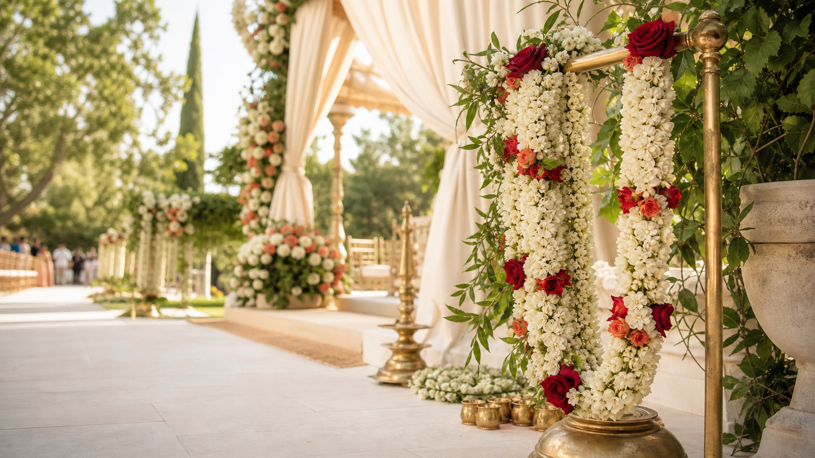 Fresh jasmine and rose garland at an elegant wedding ceremony