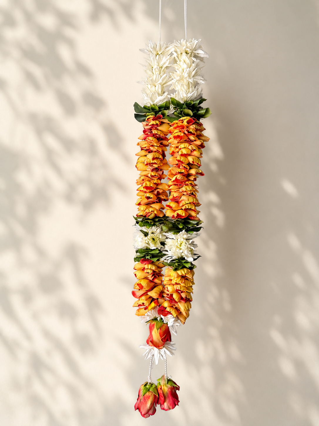 Orange and white rose daisy garland alternate product view with pearl tassels