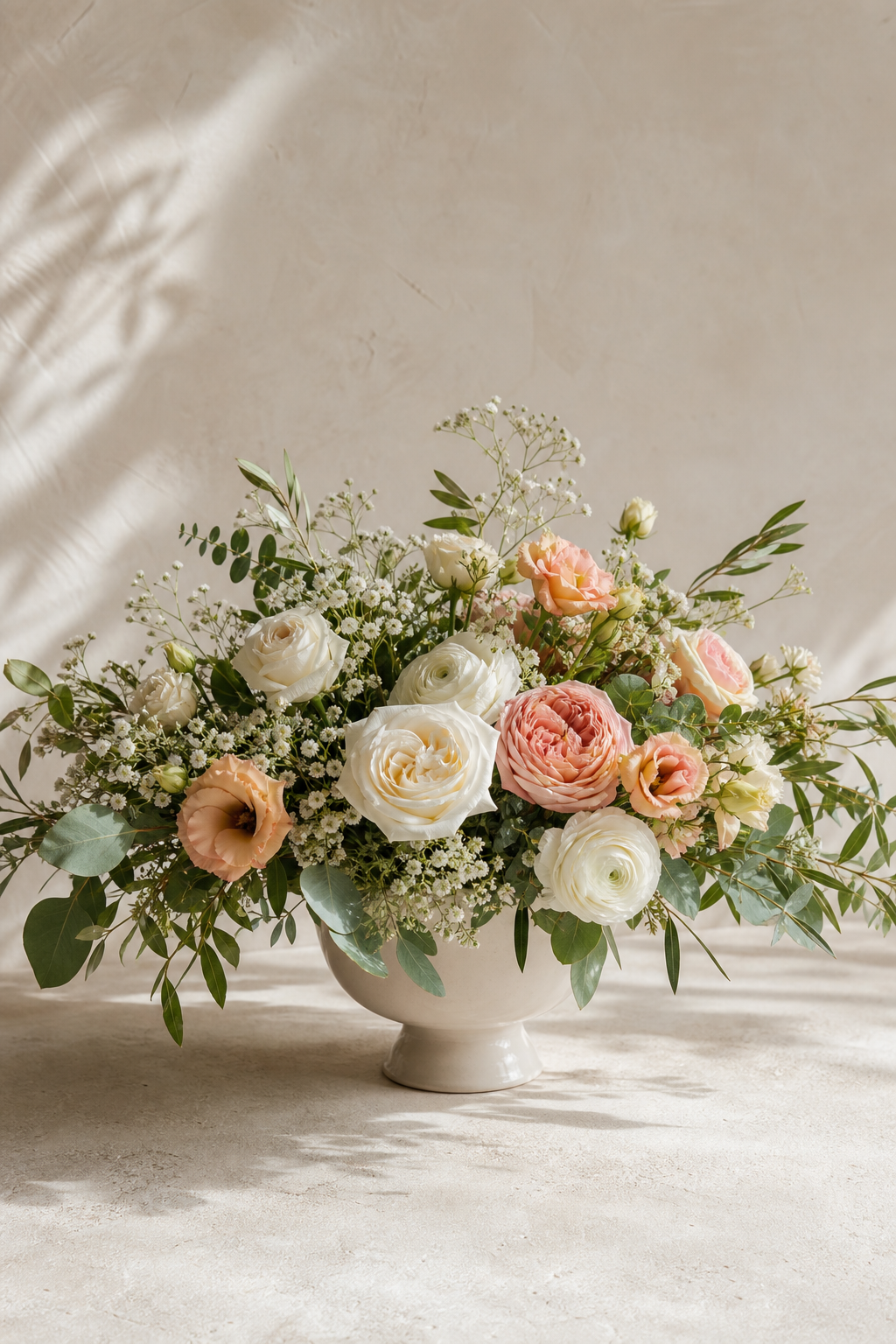 Realistic low blush and ivory wedding reception centerpiece arrangement in compote bowl