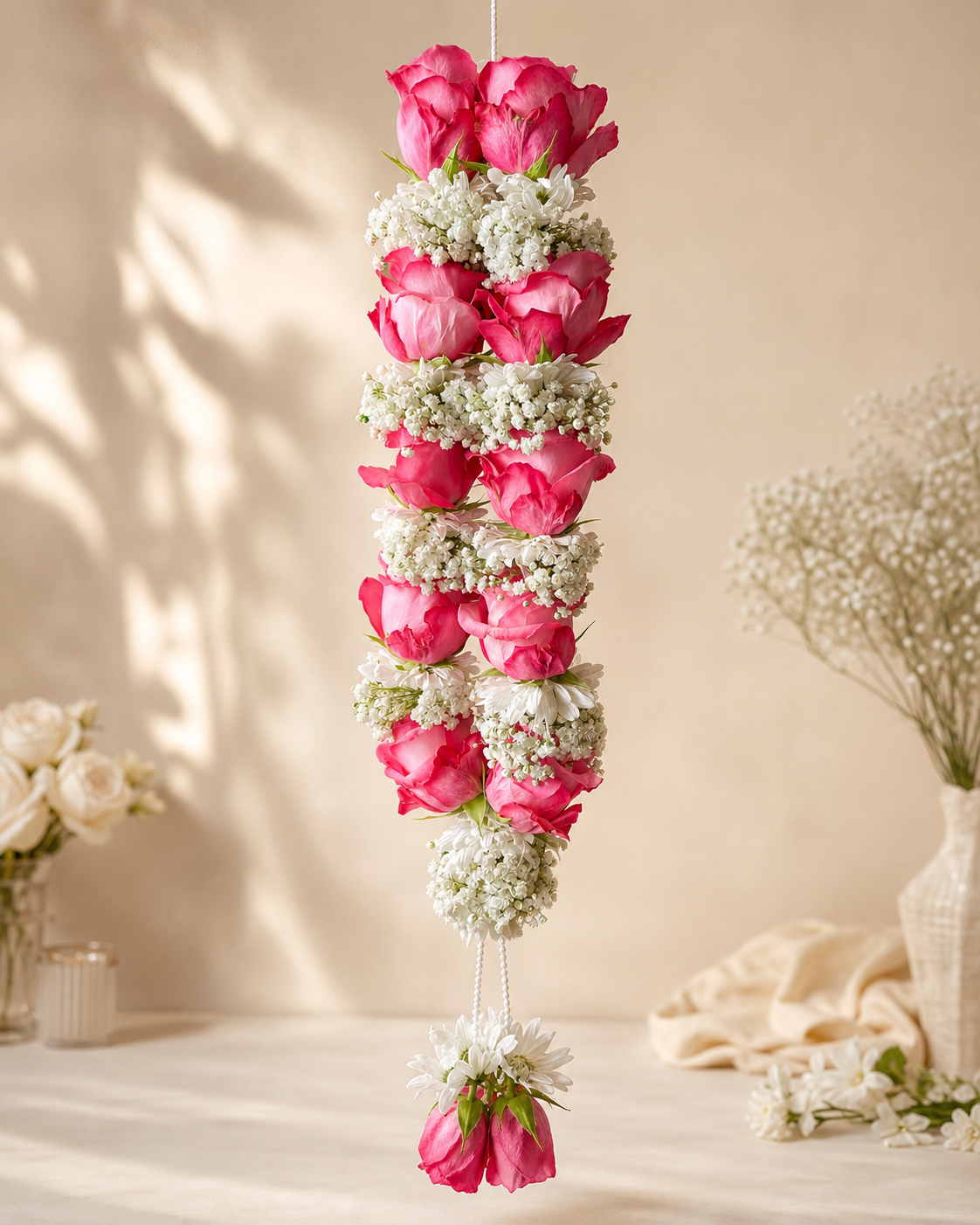 Pink rose and baby's breath hanging garland