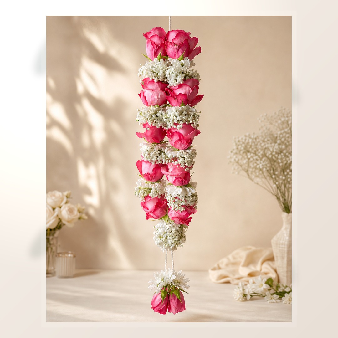 Pink rose and baby's breath hanging garland
