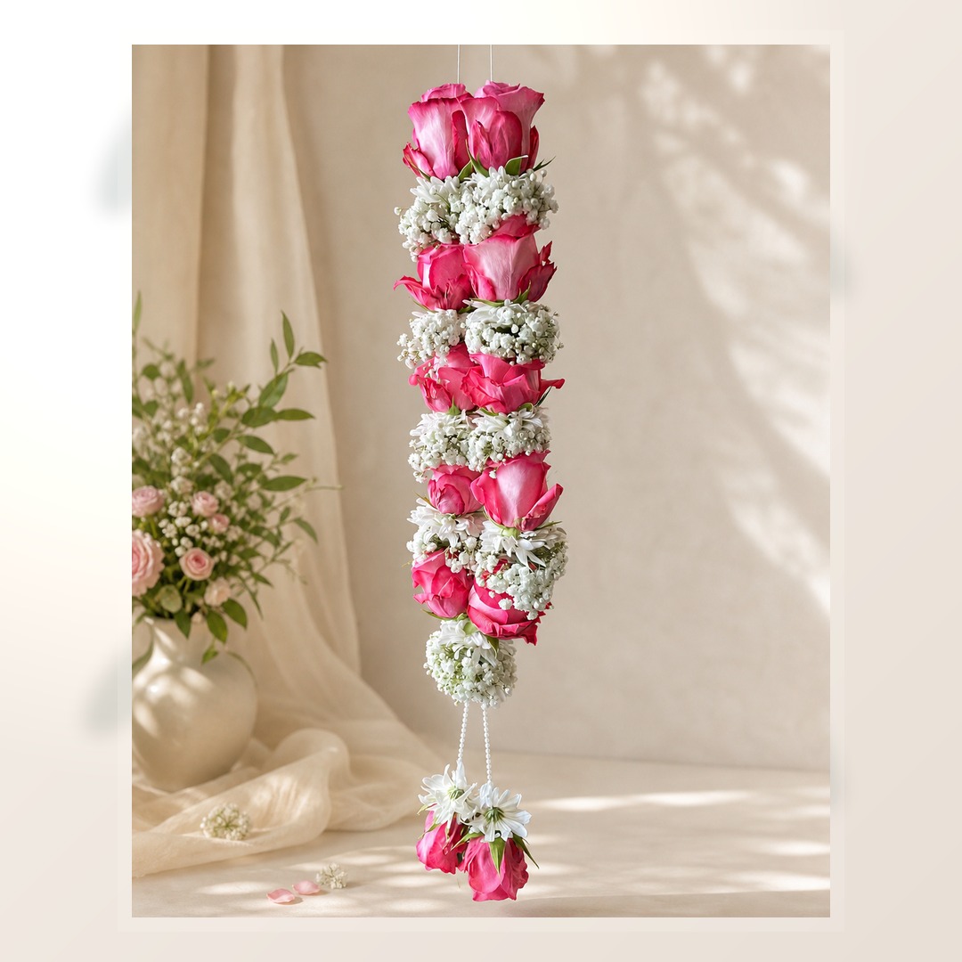 Blush rose hanging mala with white flowers