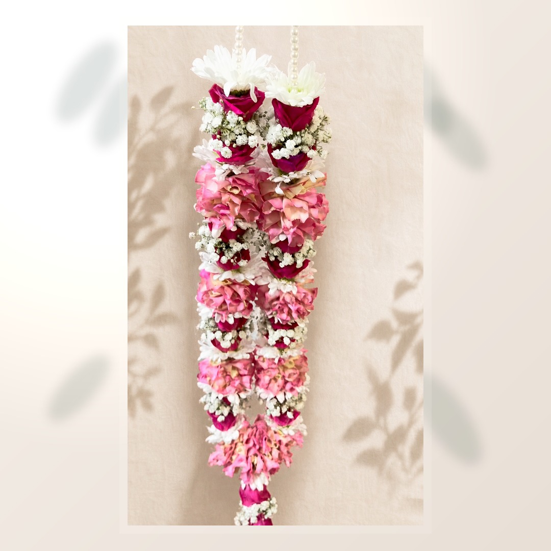 Natural pink hydrangea and ruby rose ceremony mala