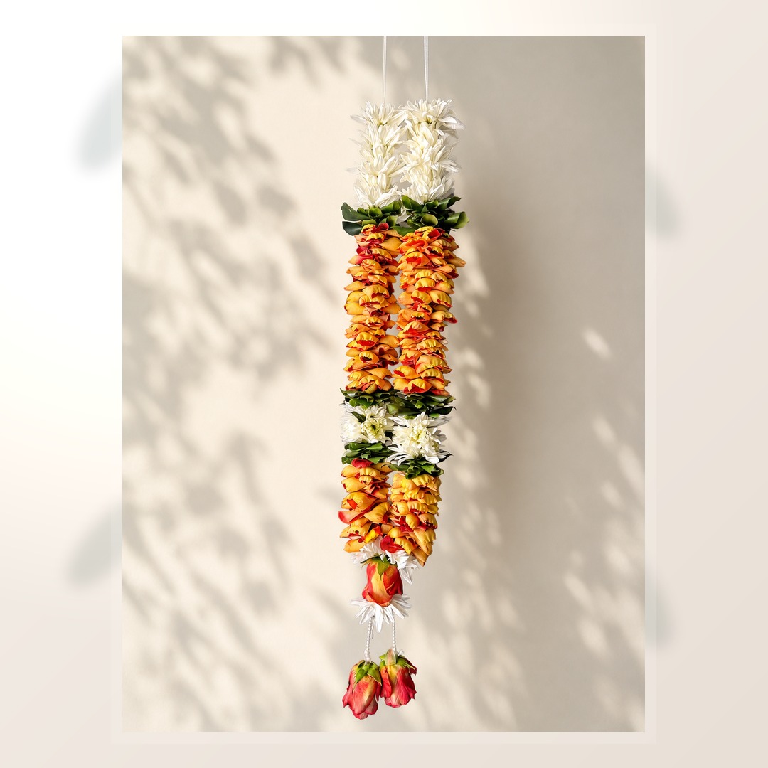 Orange and white rose daisy garland alternate product view with pearl tassels