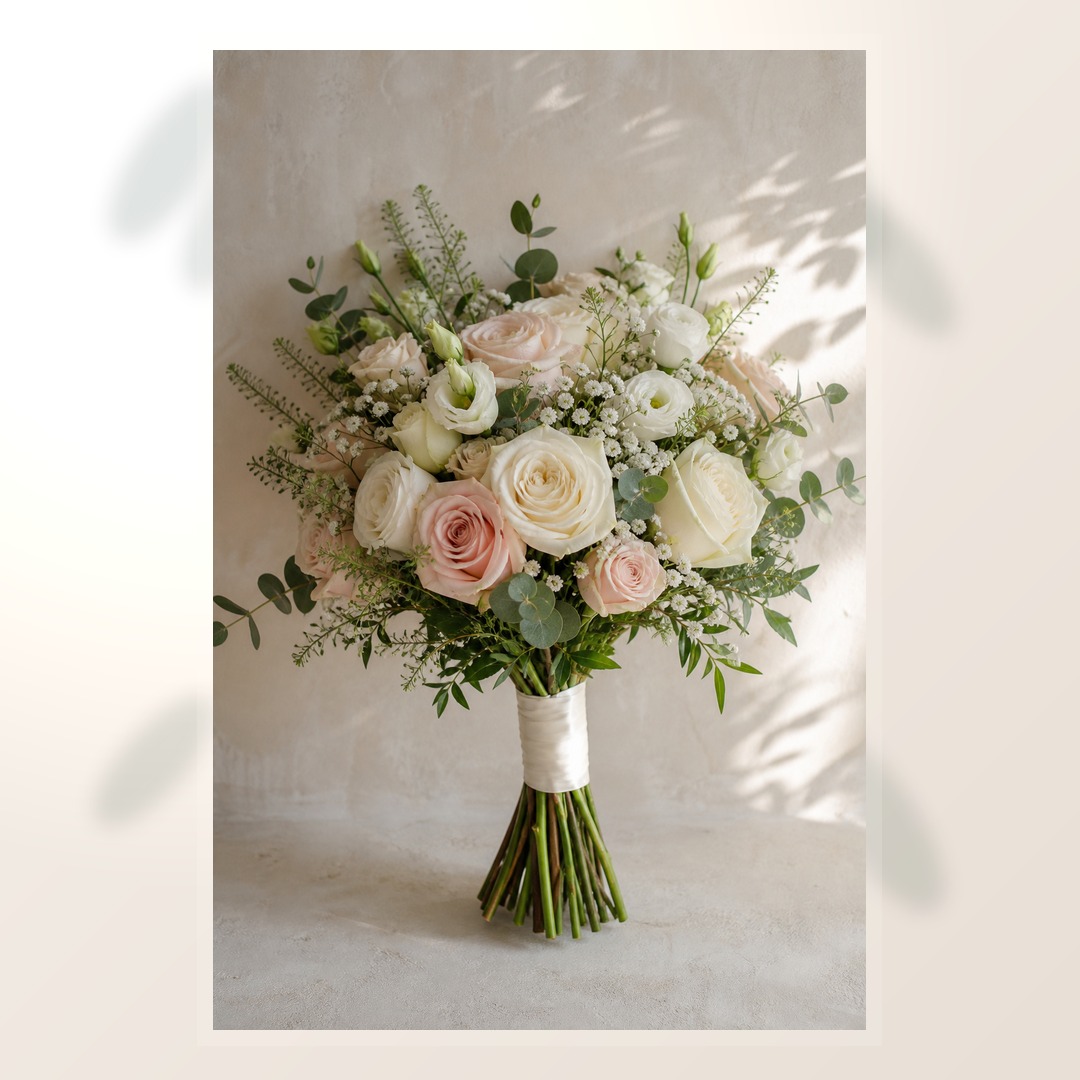 Realistic ivory and blush American wedding bridal bouquet on warm ivory leaf-shadow backdrop