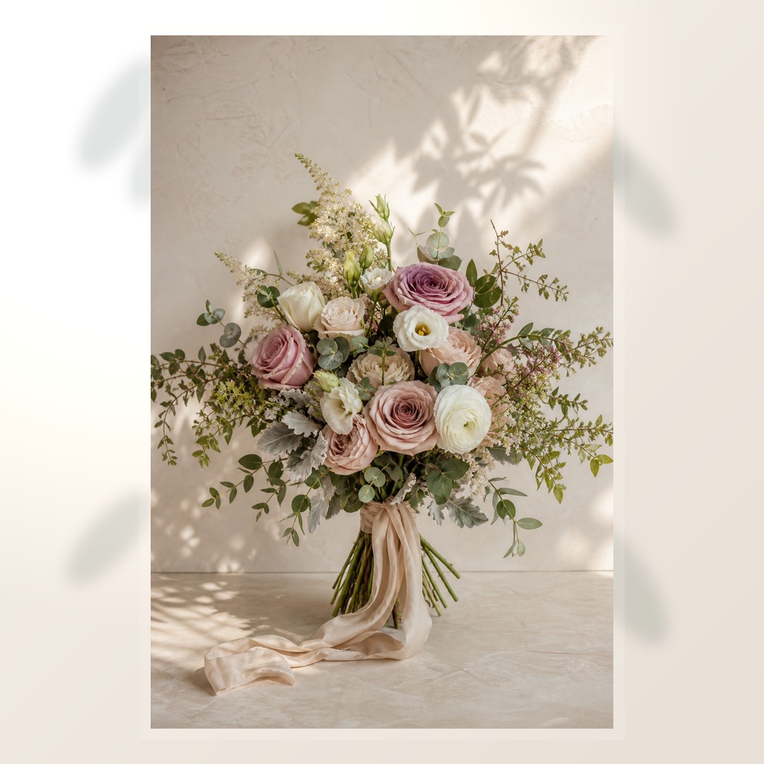 Realistic loose garden style bouquet with mauve blush ivory flowers and greenery