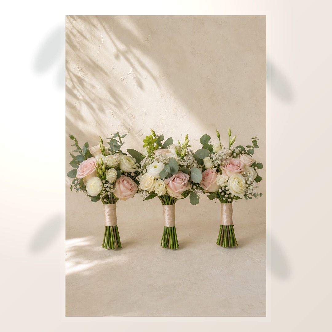 Realistic set of three blush and ivory bridesmaid bouquets with eucalyptus