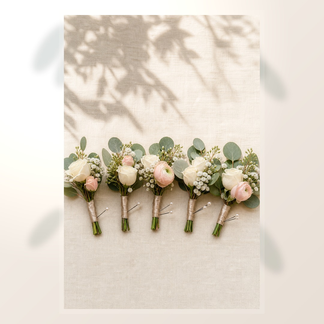 Realistic wedding boutonniere set with ivory blush flowers eucalyptus and pins