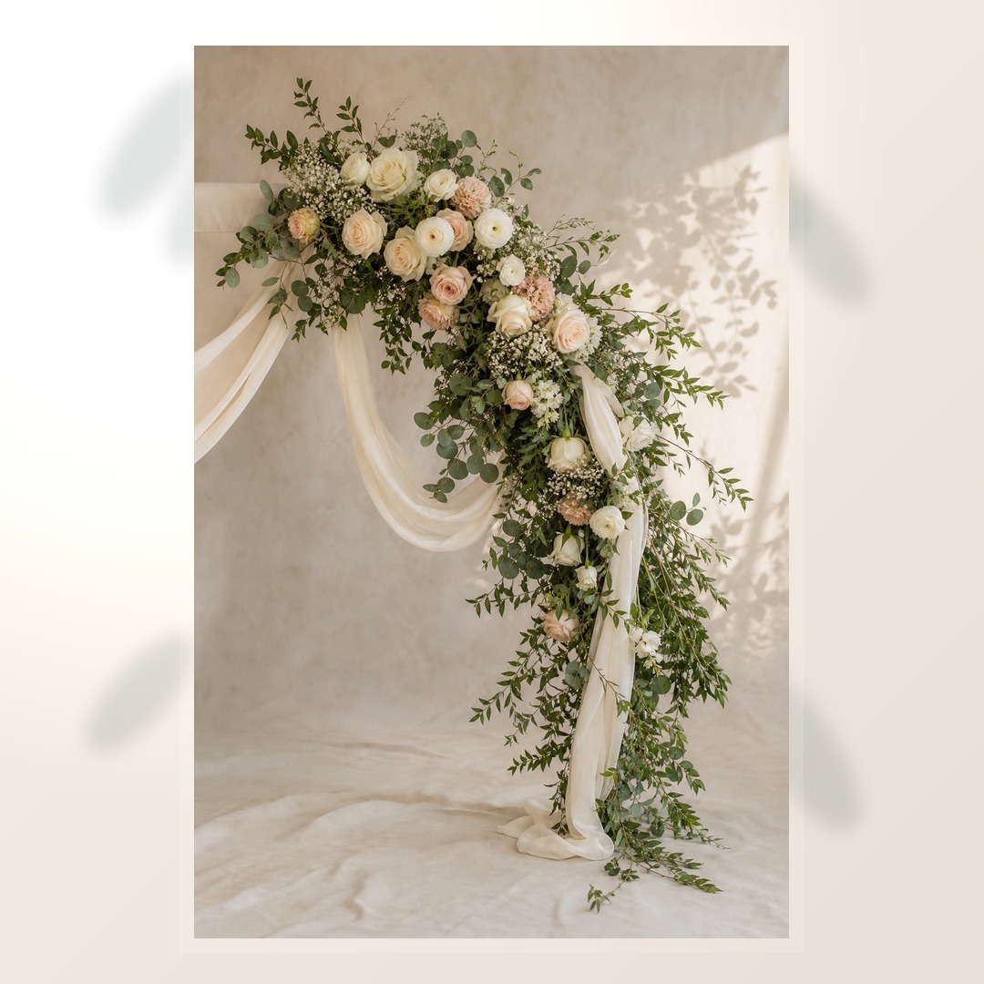 Realistic blush ivory and greenery wedding floral draping with chiffon fabric