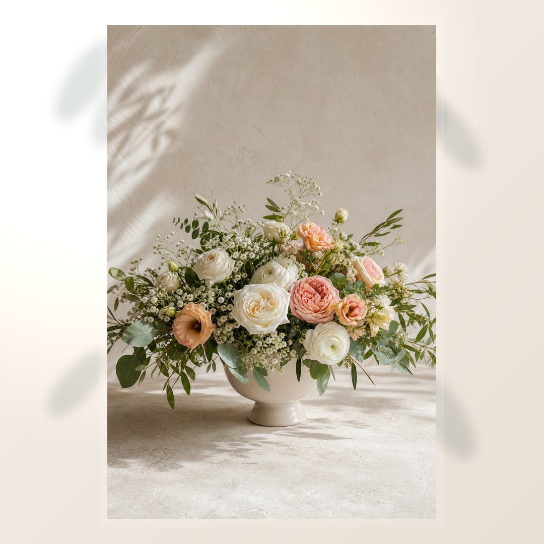 Realistic low blush and ivory wedding reception centerpiece arrangement in compote bowl