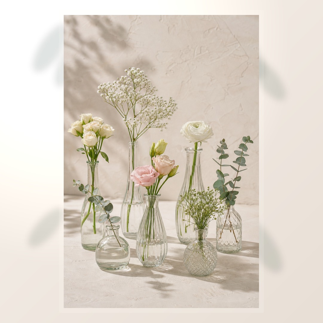 Realistic set of assorted glass bud vases with ivory blush flowers and greenery