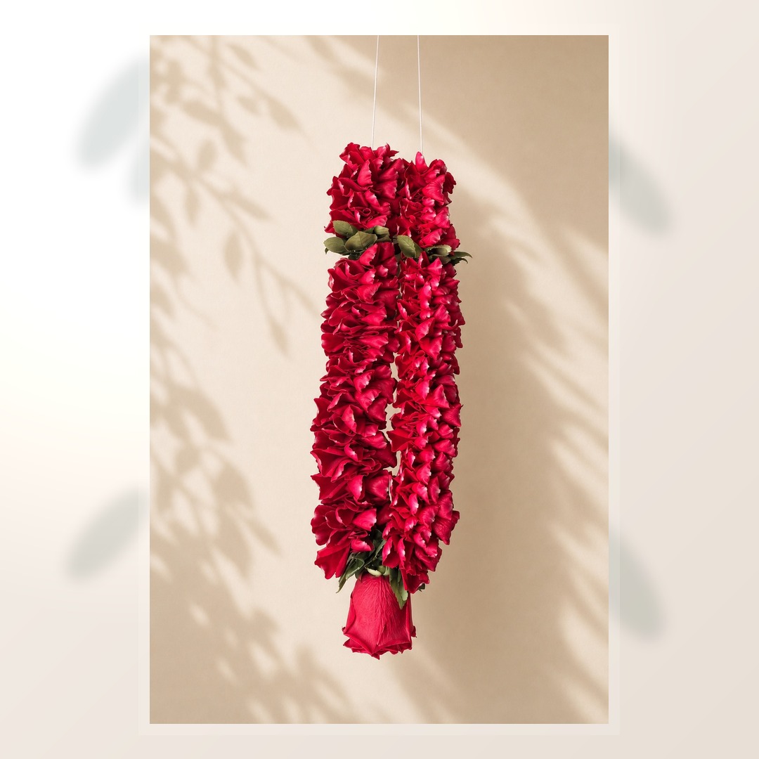 Fresh handcrafted floral garland close detail view