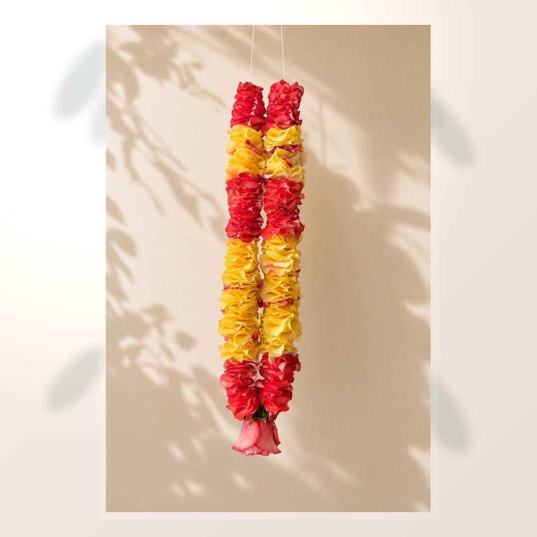 Red and yellow rose petal garland product view
