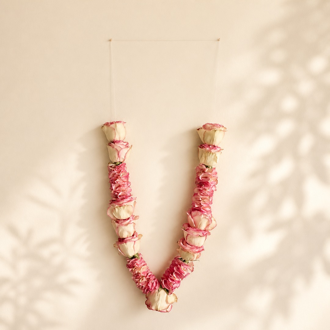 Blush pink and cream rose petal garland on a warm leaf shadow background
