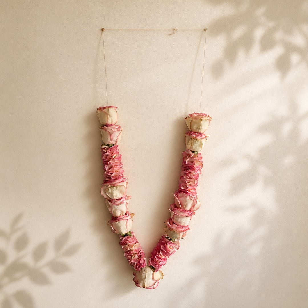Alternate view of blush pink and cream rose petal garland