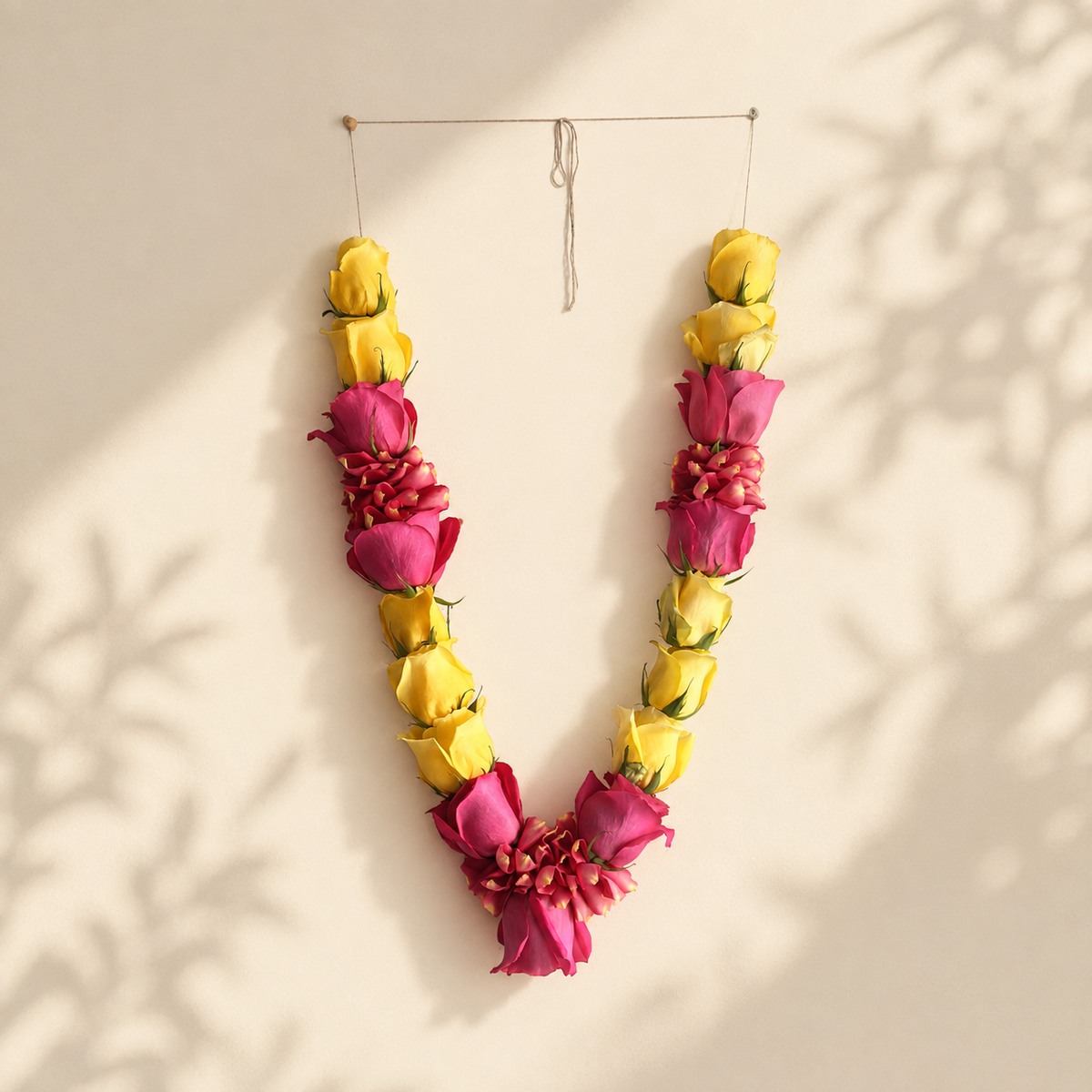 Pink and yellow rose garland hanging view on warm ivory leaf-shadow backdrop