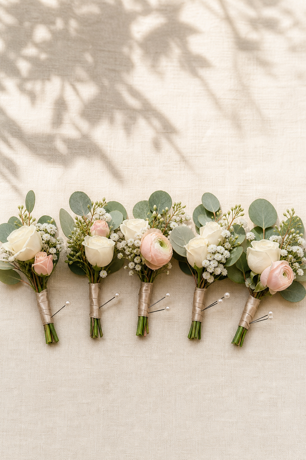 Realistic wedding boutonniere set with ivory blush flowers eucalyptus and pins