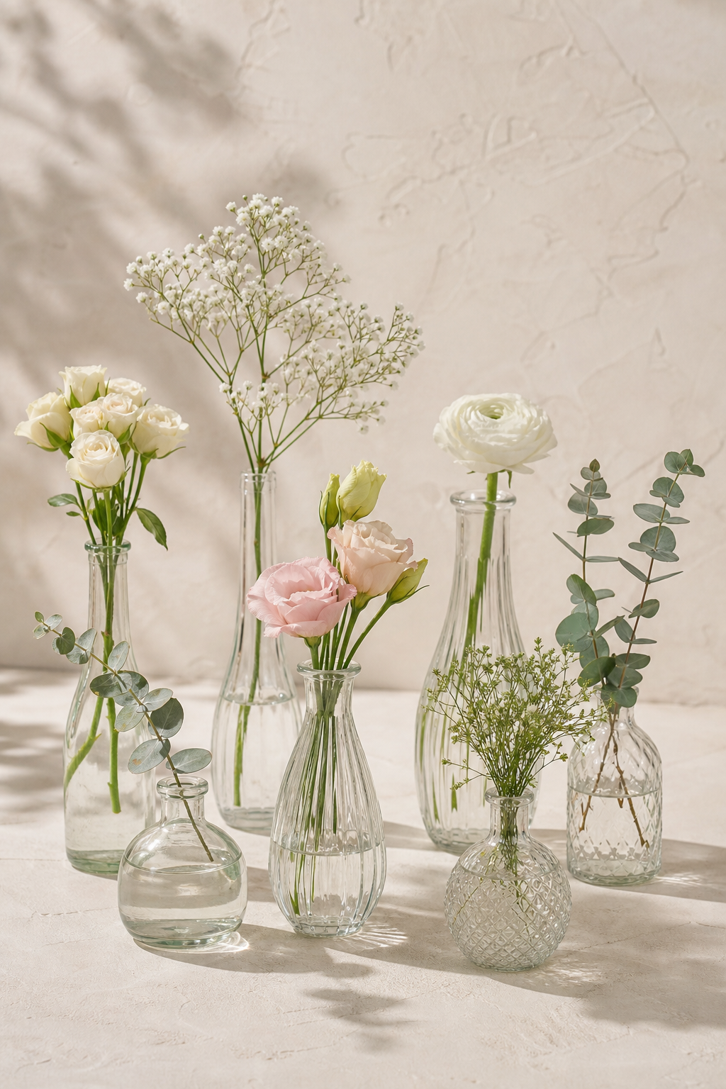 Realistic set of assorted glass bud vases with ivory blush flowers and greenery