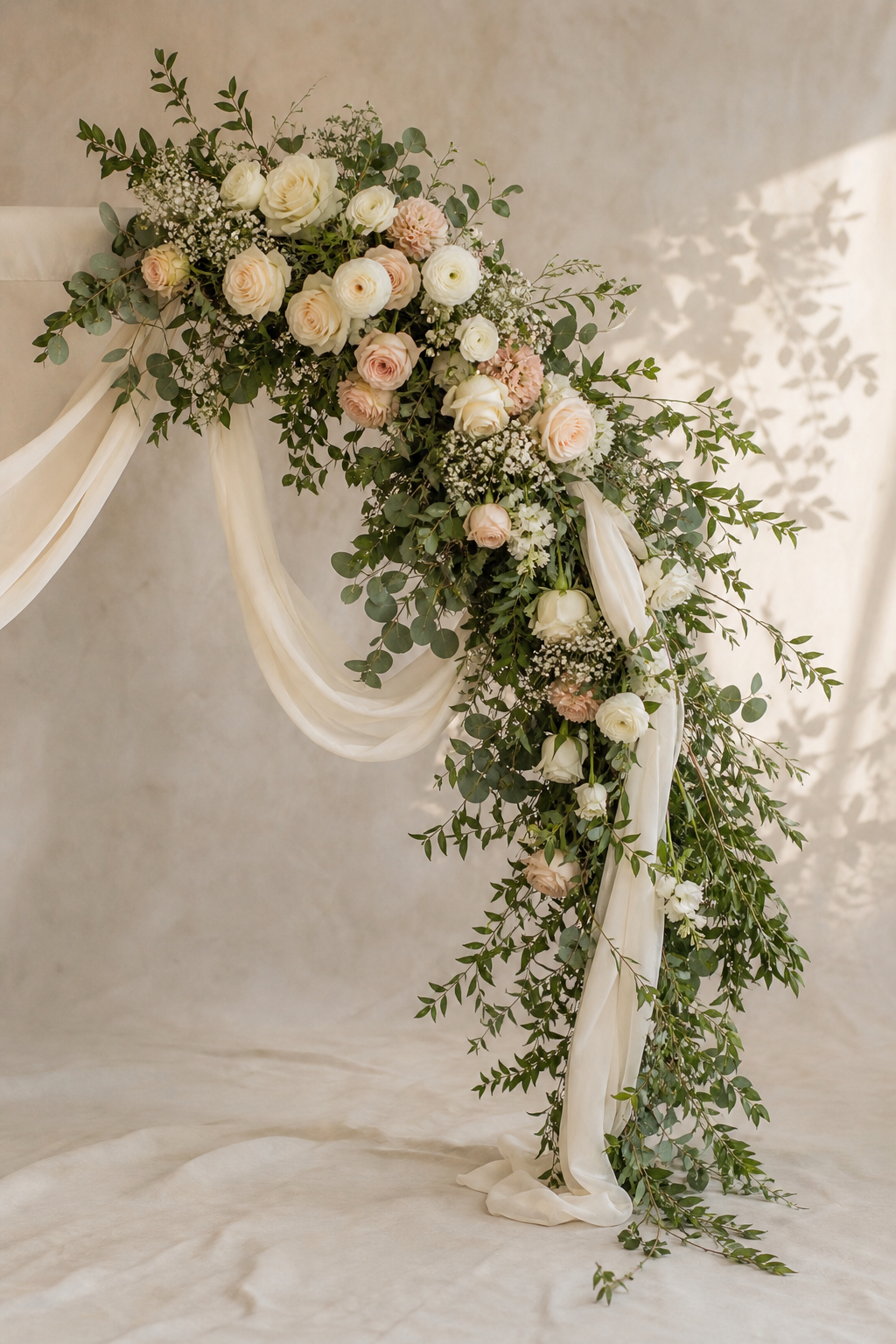 Realistic blush ivory and greenery wedding floral draping with chiffon fabric